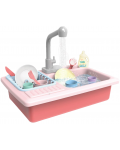Παιδικός νεροχύτης κουζίνας Raya Toys - Με τρεχούμενο νερό και αξεσουάρ, ροζ - 1t